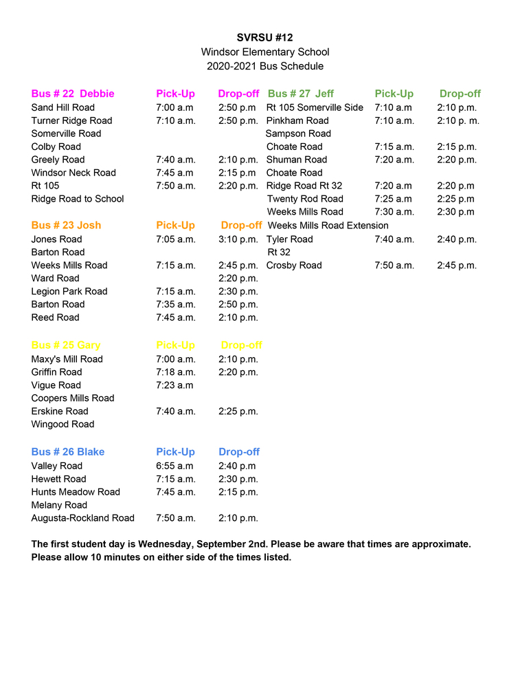 Bus Schedule  Windsor Elementary School