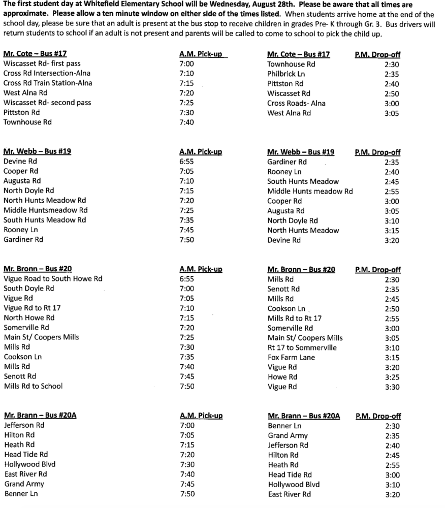 Whitefield School 2019/202 Bus Schedule